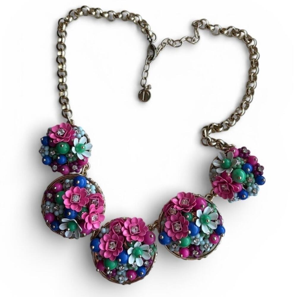 Talbots Gold Tone Floral Statement Necklace Beaded Rhinestone Gaudy Loud